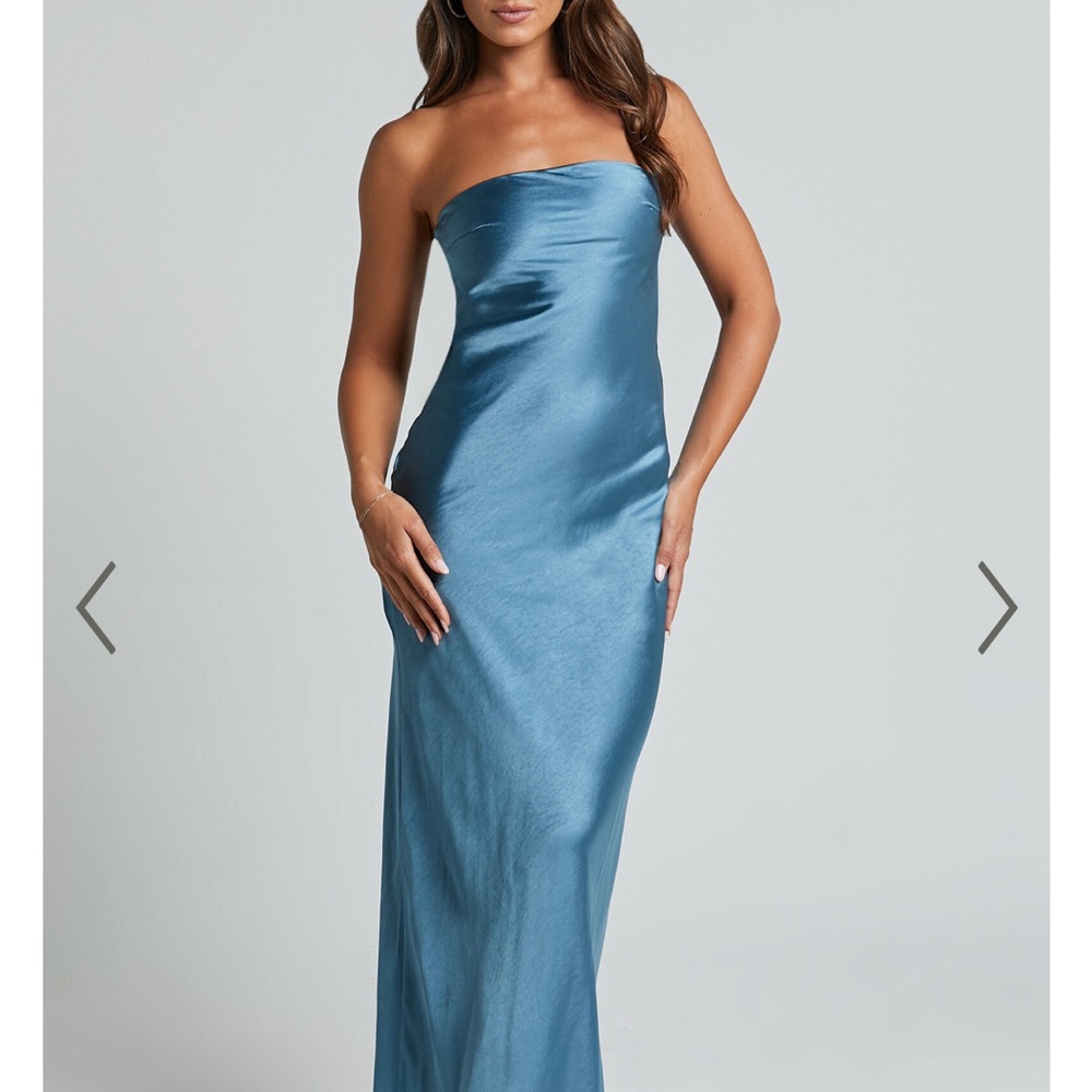 CHARLITA MAXI DRESS - STRAPLESS COWL BACK SATIN DRESS IN STEEL BLUE from Showpo